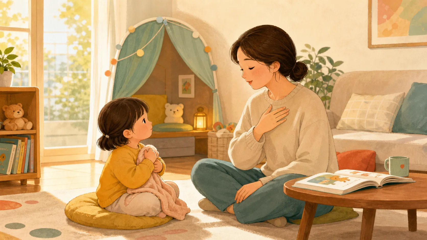 부모가 아이 눈높이에 맞춰 숨 고르기 동작을 보여주는 일러스트