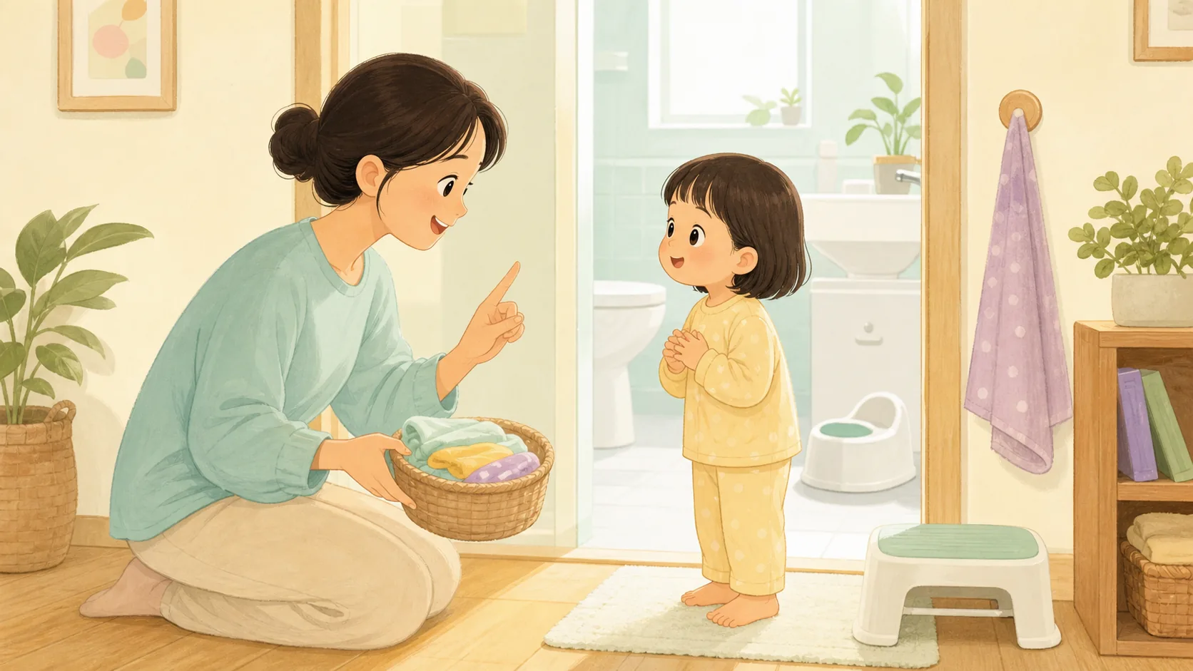 욕실 앞에서 부모가 아이에게 배변 루틴을 차분히 알려주는 일러스트